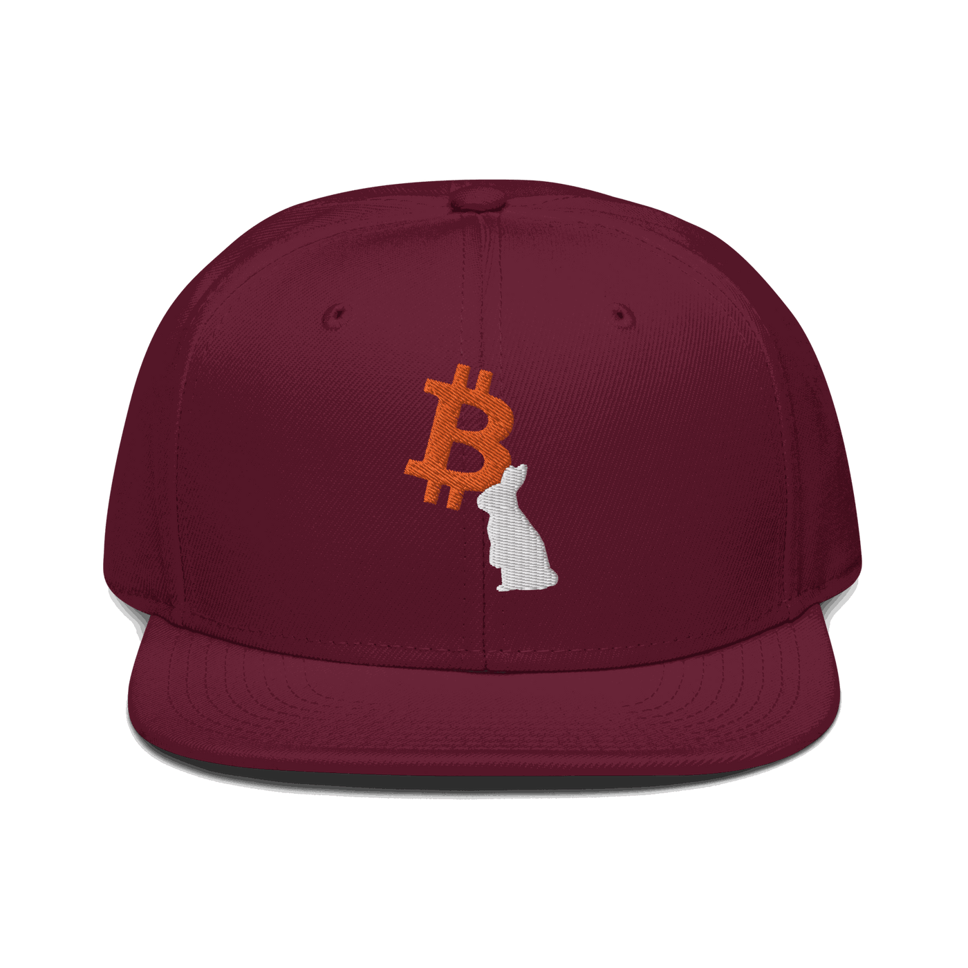 Front view of a burgundy maroon bitcoin snapback hat.