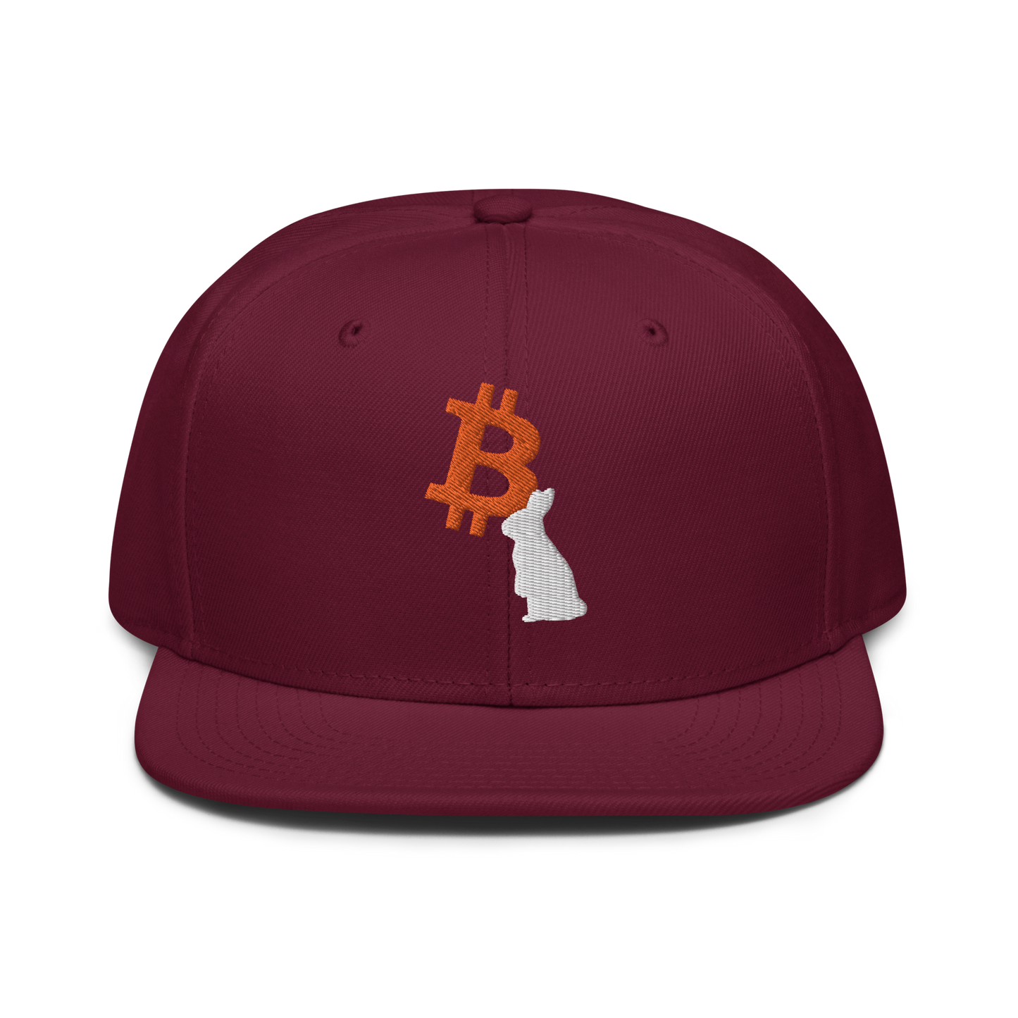 Front view of a burgundy maroon bitcoin snapback hat.