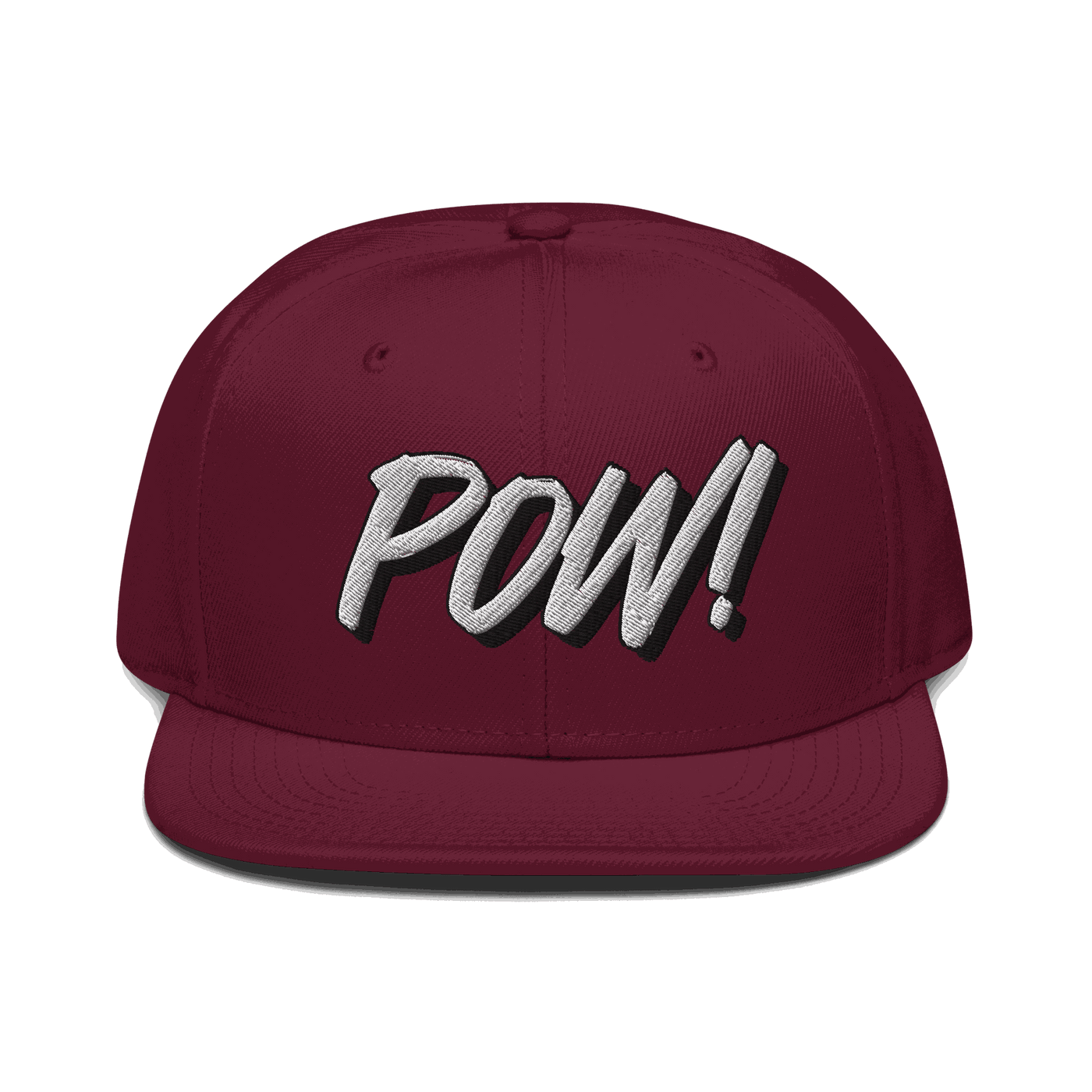 Front view of a burgundy maroon bitcoin snapback hat.