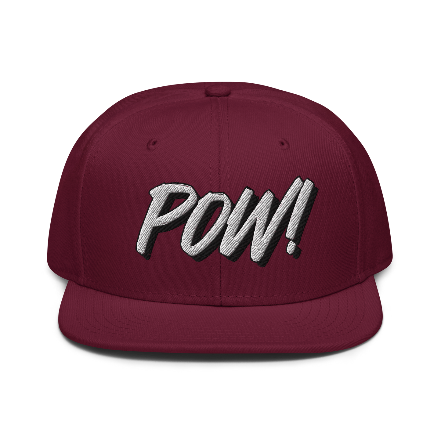 Front view of a burgundy maroon bitcoin snapback hat.