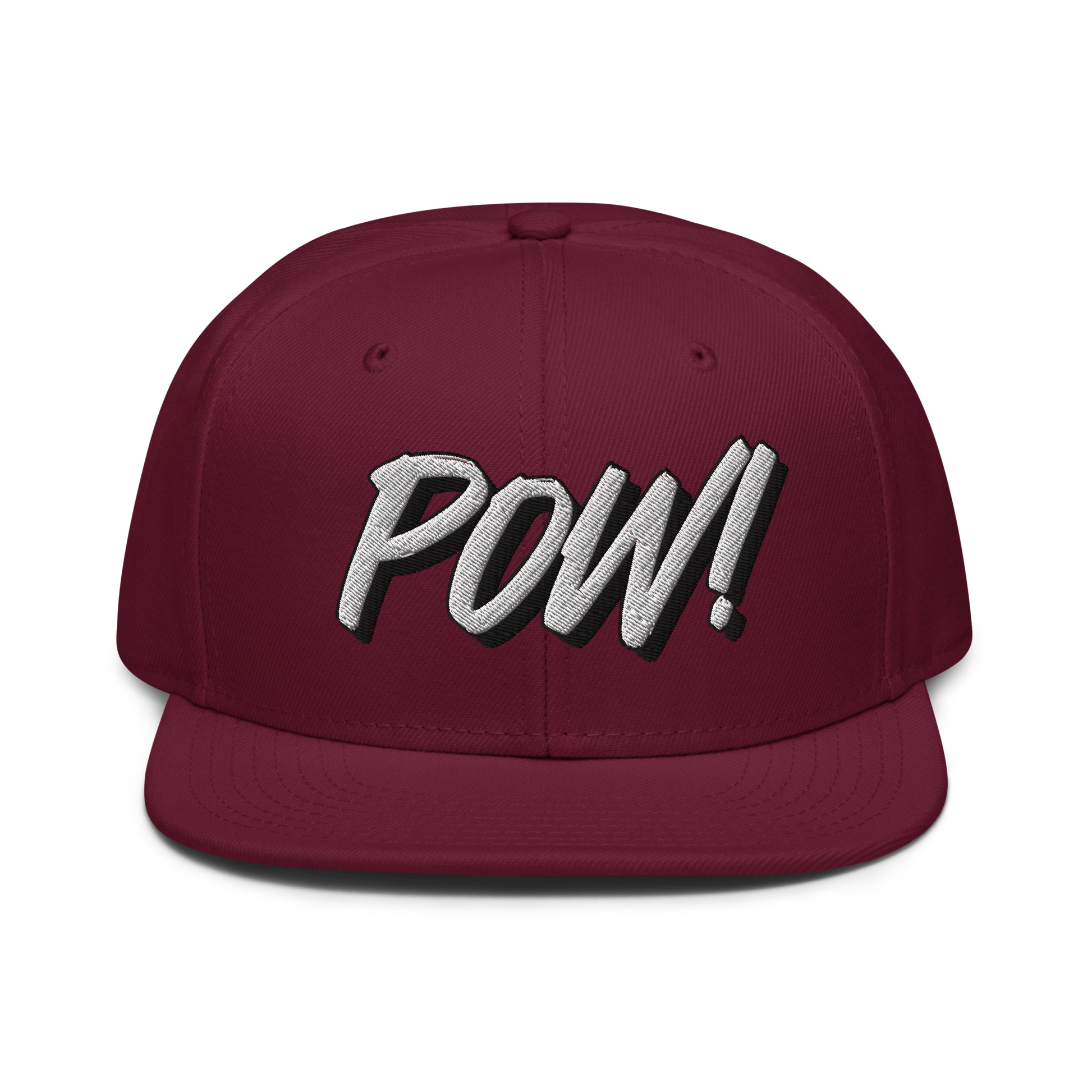 Front view of a burgundy maroon bitcoin snapback hat.