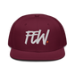 Front view of a burgundy maroon bitcoin snapback hat.