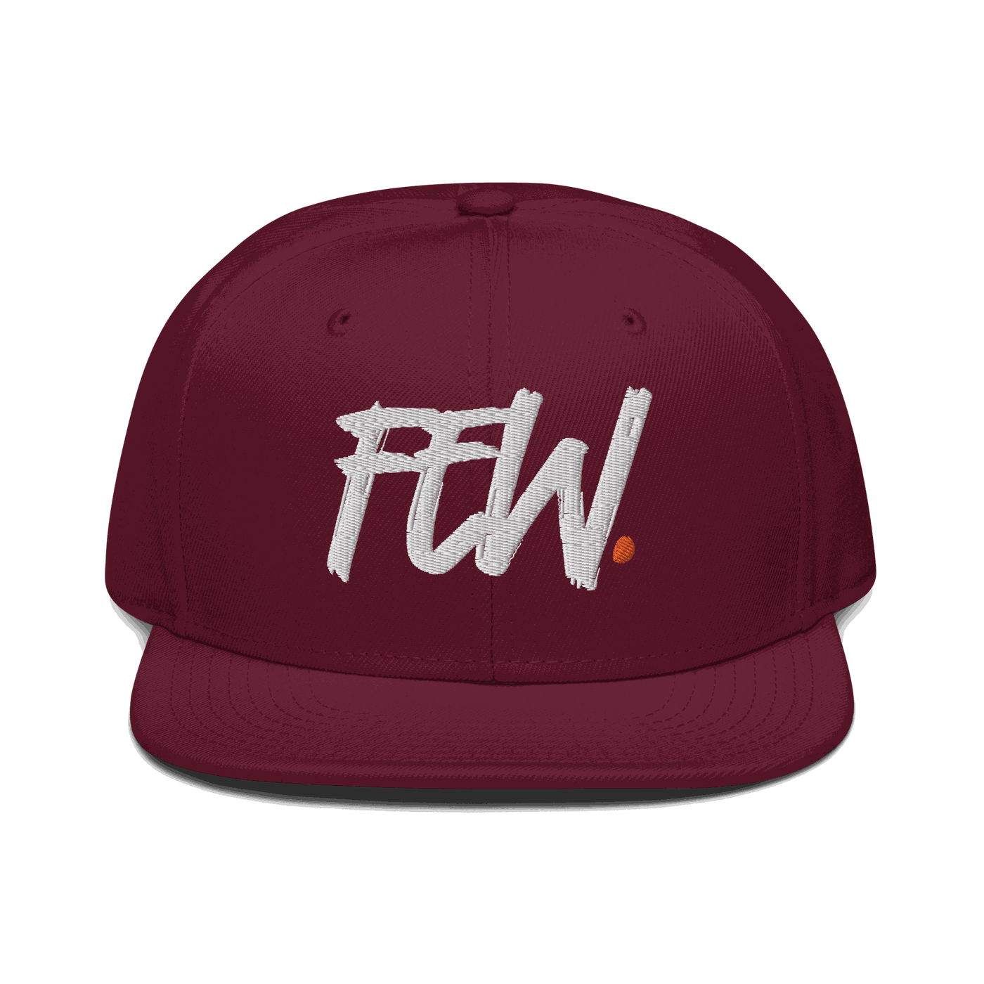 Front view of a burgundy maroon bitcoin snapback hat.