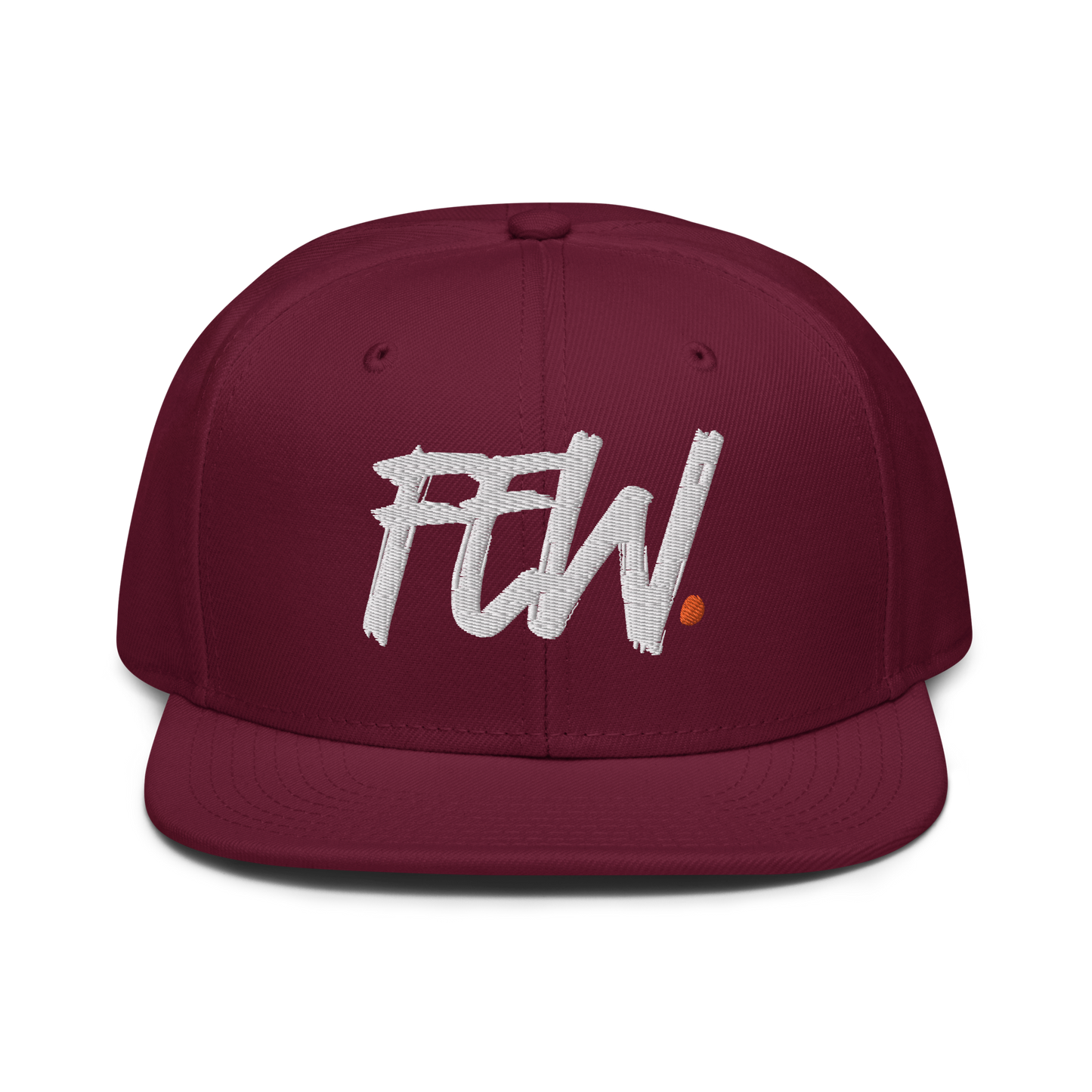 Front view of a burgundy maroon bitcoin snapback hat.