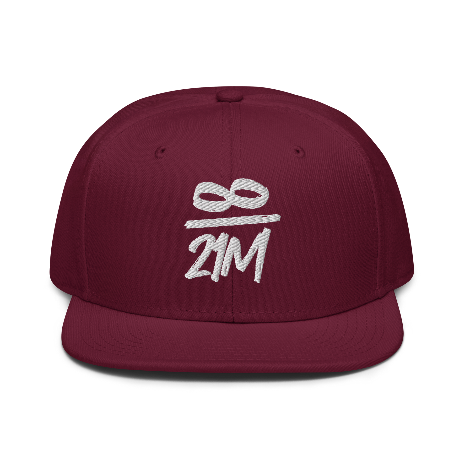 Front view of a burgundy maroon bitcoin snapback hat.