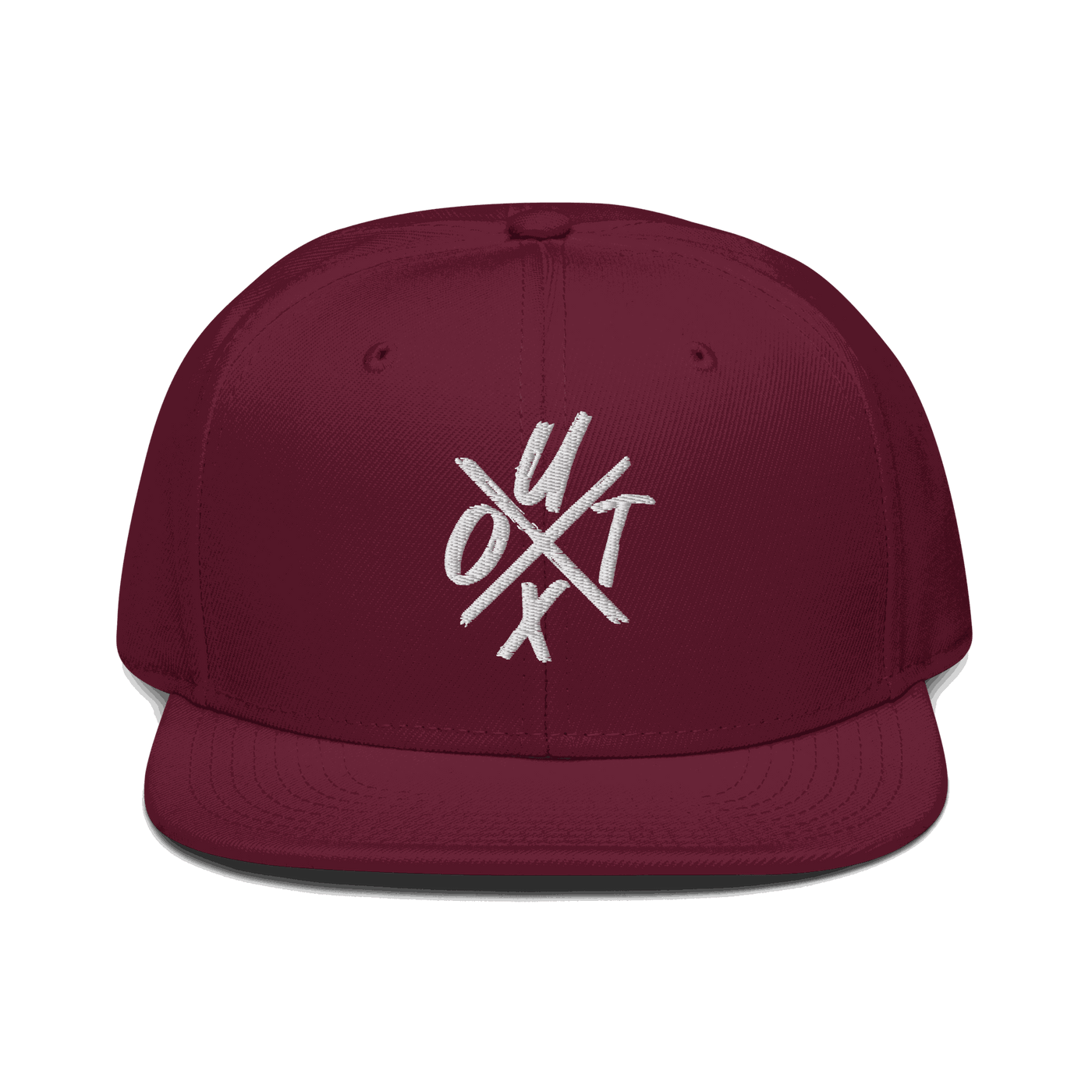 Front view of a burgundy maroon bitcoin snapback hat.