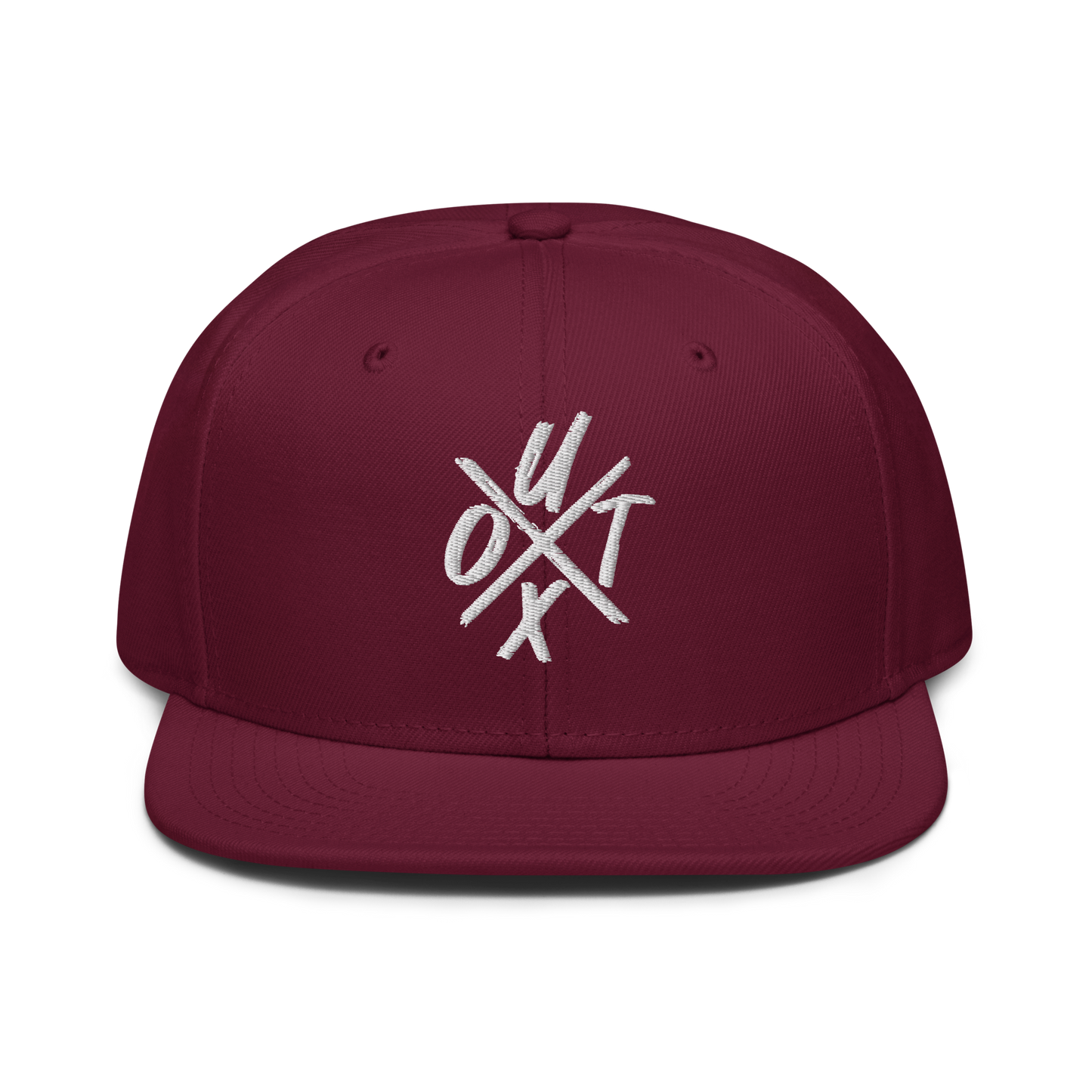 Front view of a burgundy maroon bitcoin snapback hat.