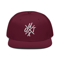 Front view of a burgundy maroon bitcoin snapback hat.