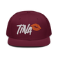 Front view of a burgundy maroon bitcoin snapback hat.