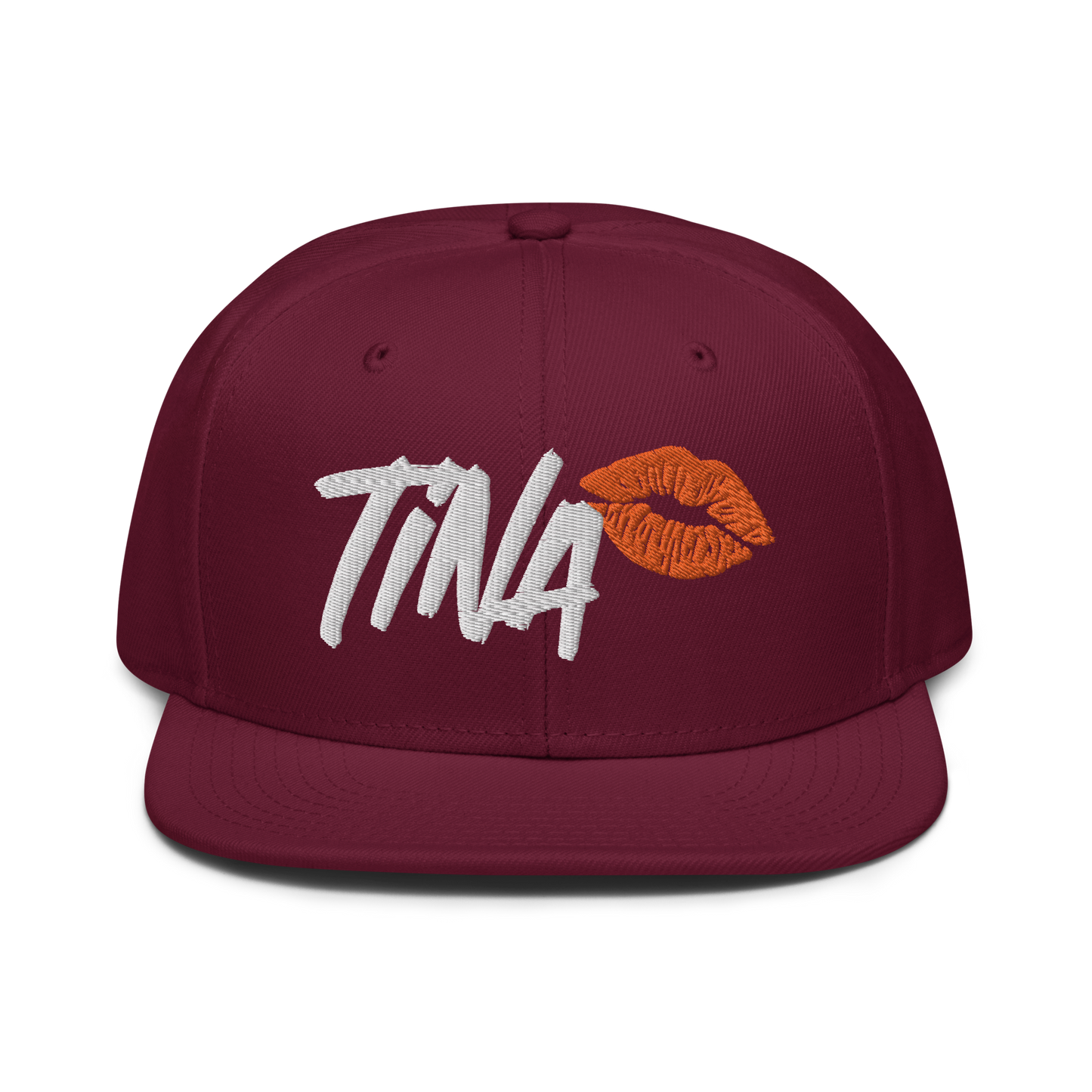 Front view of a burgundy maroon bitcoin snapback hat.