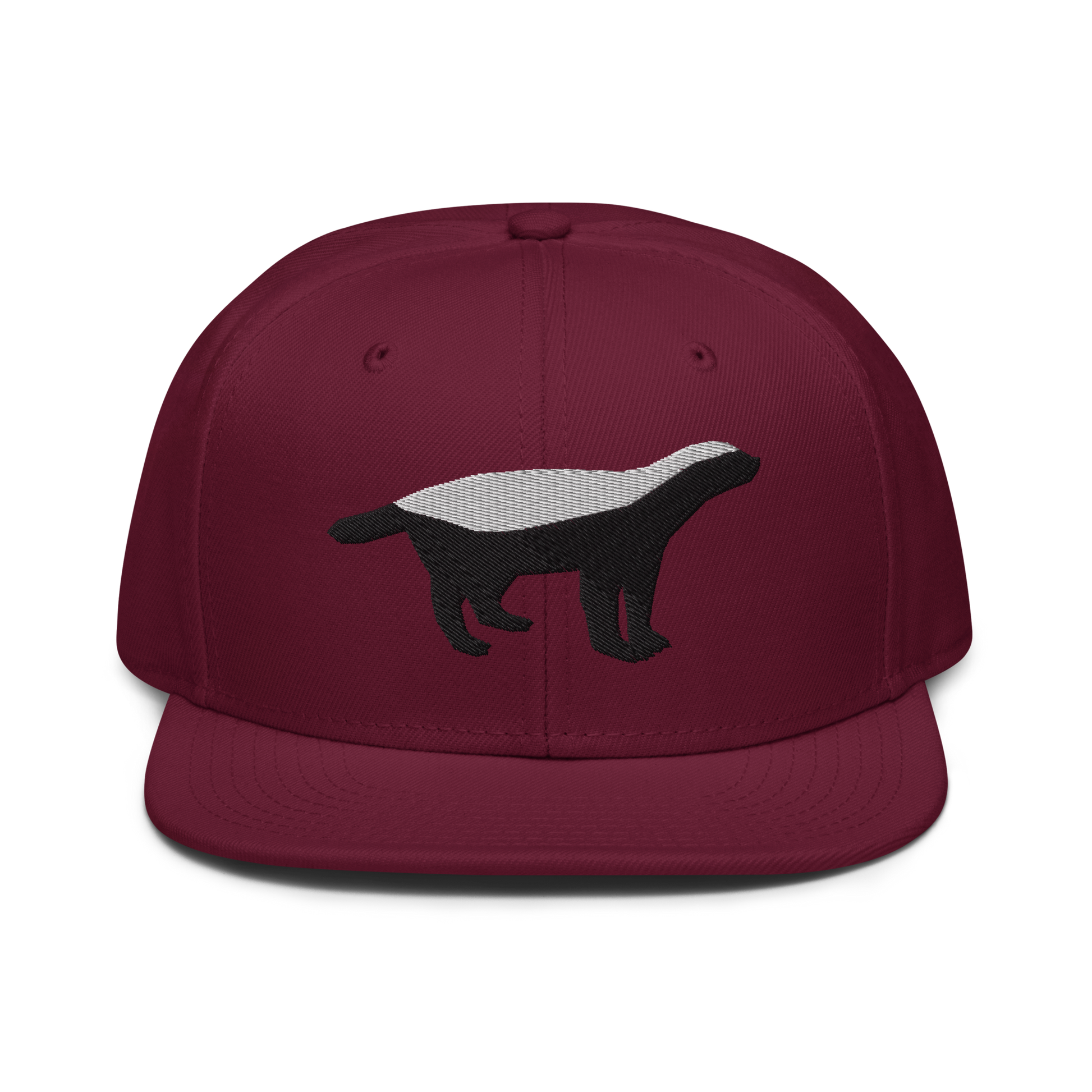 Front view of a burgundy maroon bitcoin snapback hat.