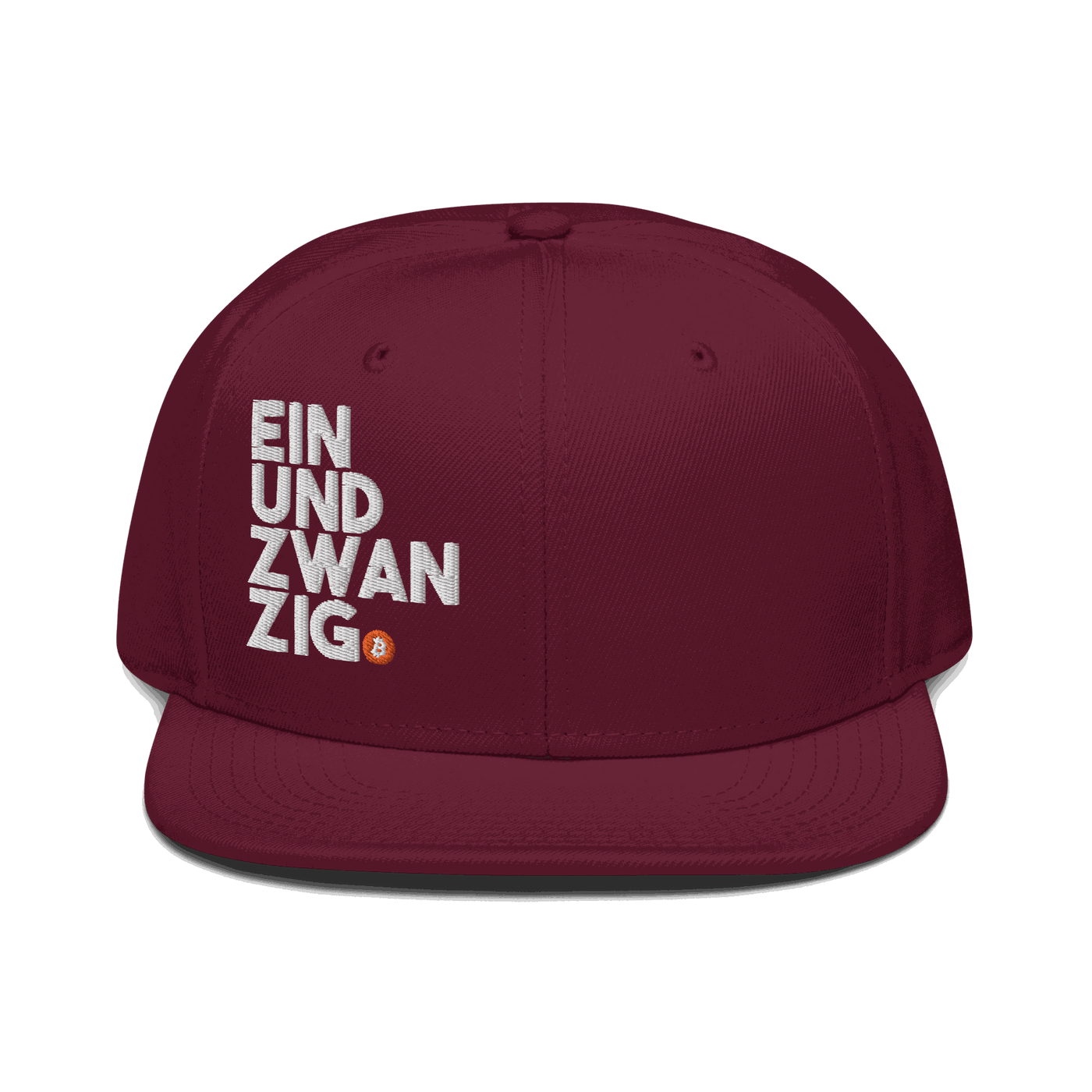 Black Einundzwanzig Bitcoin snapback hat with flat visor and grey underside