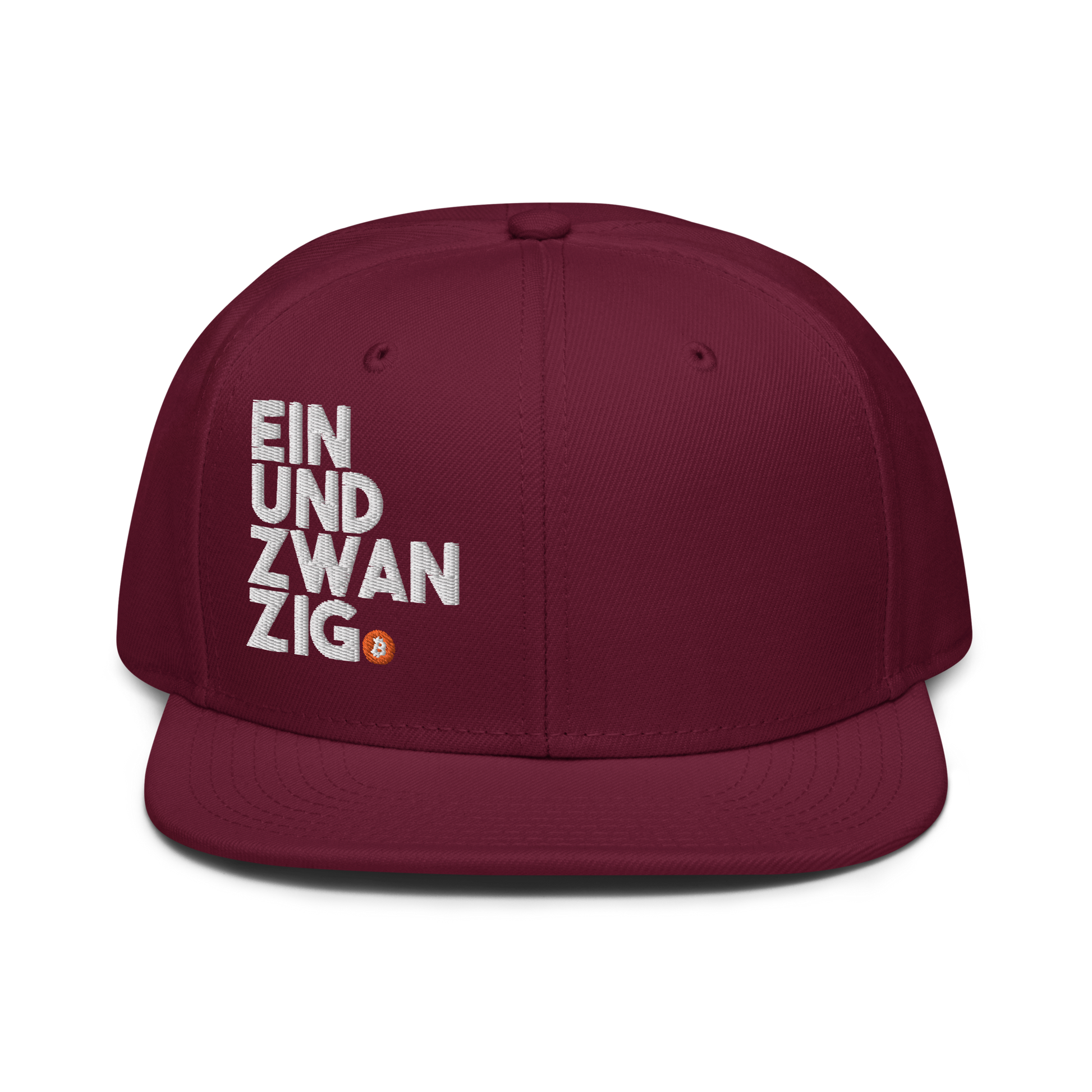 Front view of a burgundy bitcoin snapback hat.