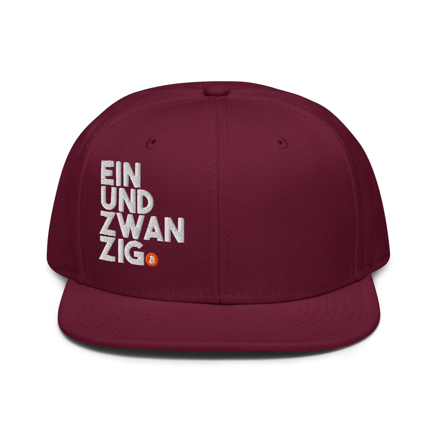 Einundzwanzig bitcoin snapback hat in Burgundy, front view.