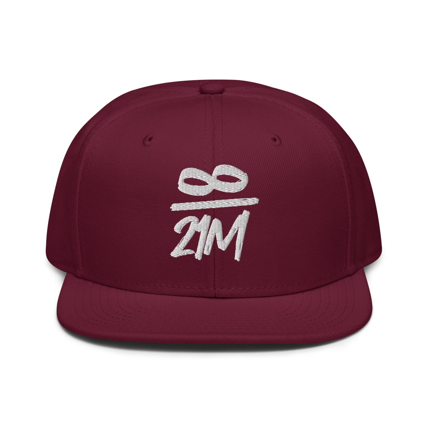 Infinity / 21M bitcoin snapback hat in Burgundy, front view.