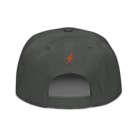 Black bitcoin snapback hat featuring lightning payment protocol logo with flat visor and grey under visor