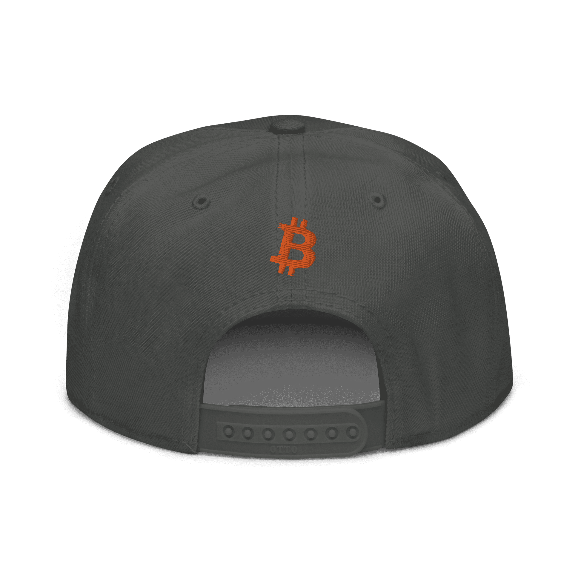 Back view of a charcoal grey bitcoin snapback hat.
