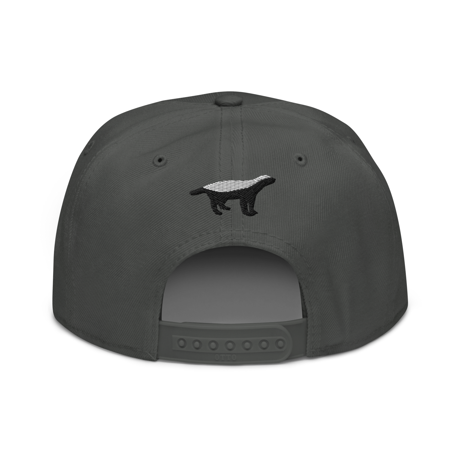 Back view of a charcoal grey bitcoin snapback hat.