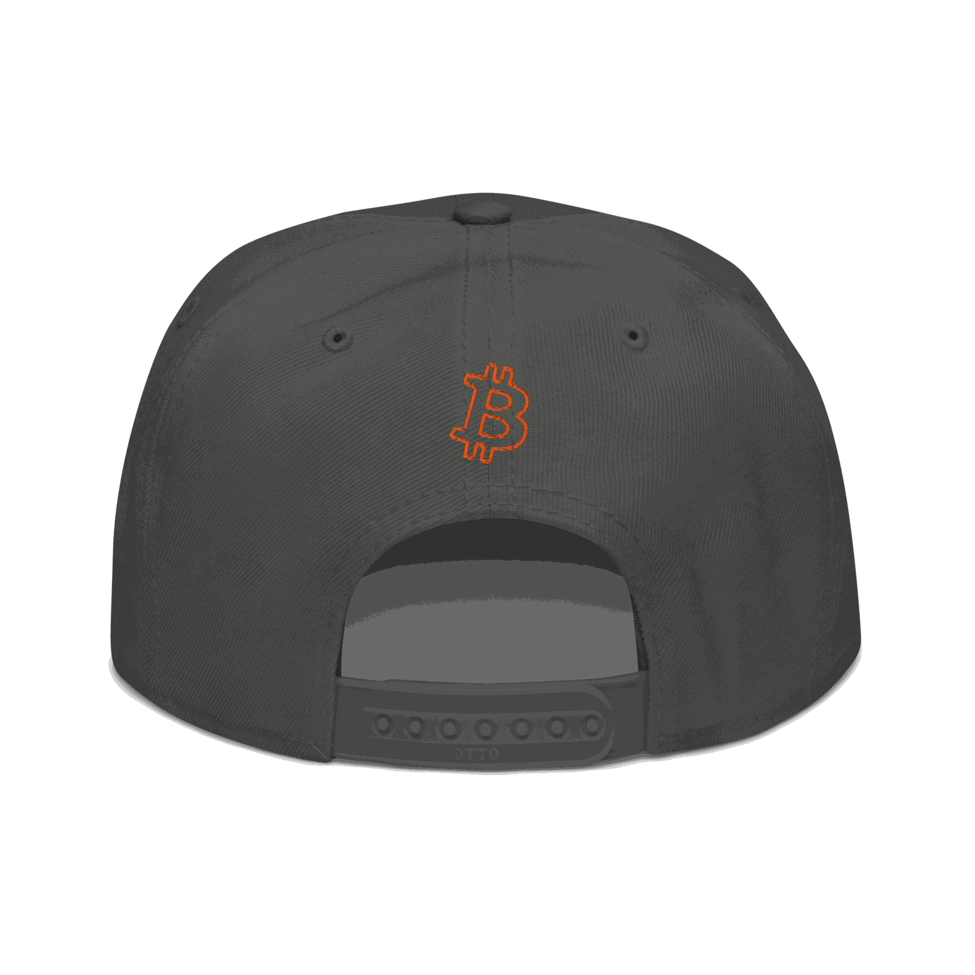 Back view of a charcoal grey bitcoin snapback hat.