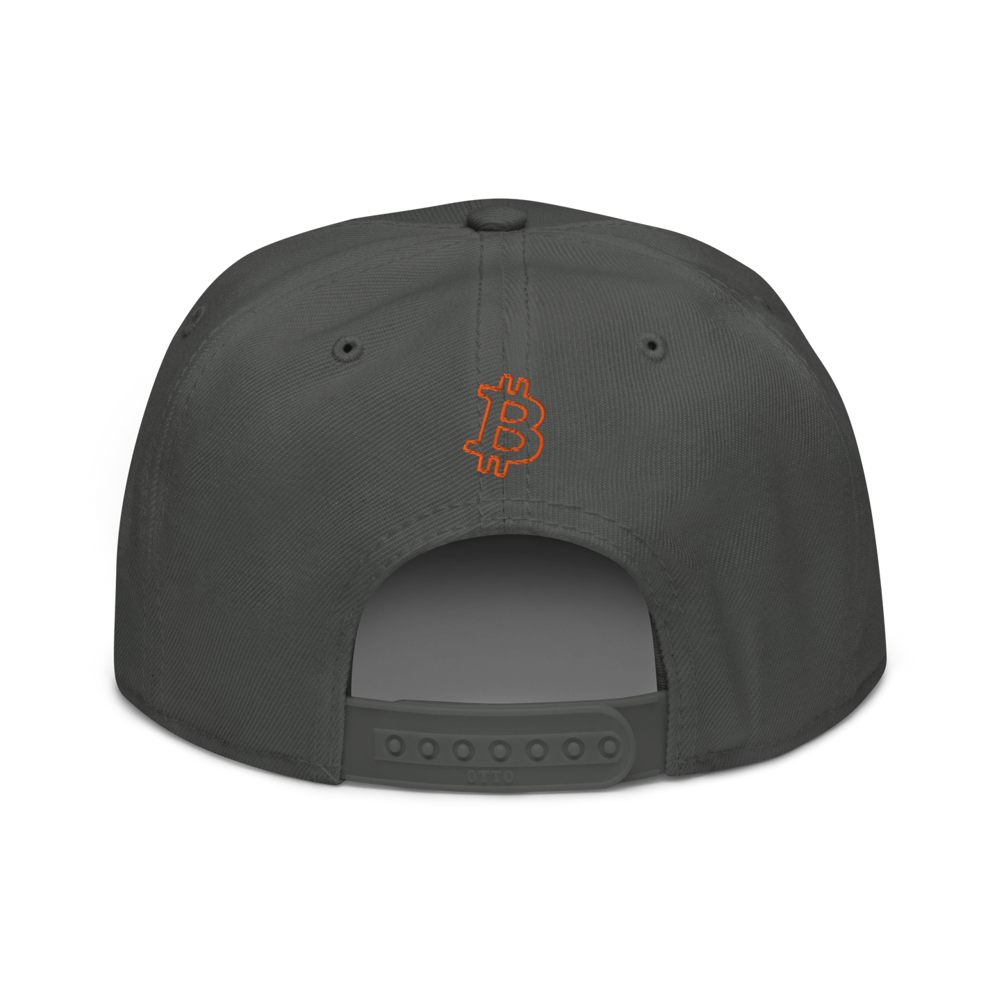 Back view of a charcoal grey bitcoin snapback hat.