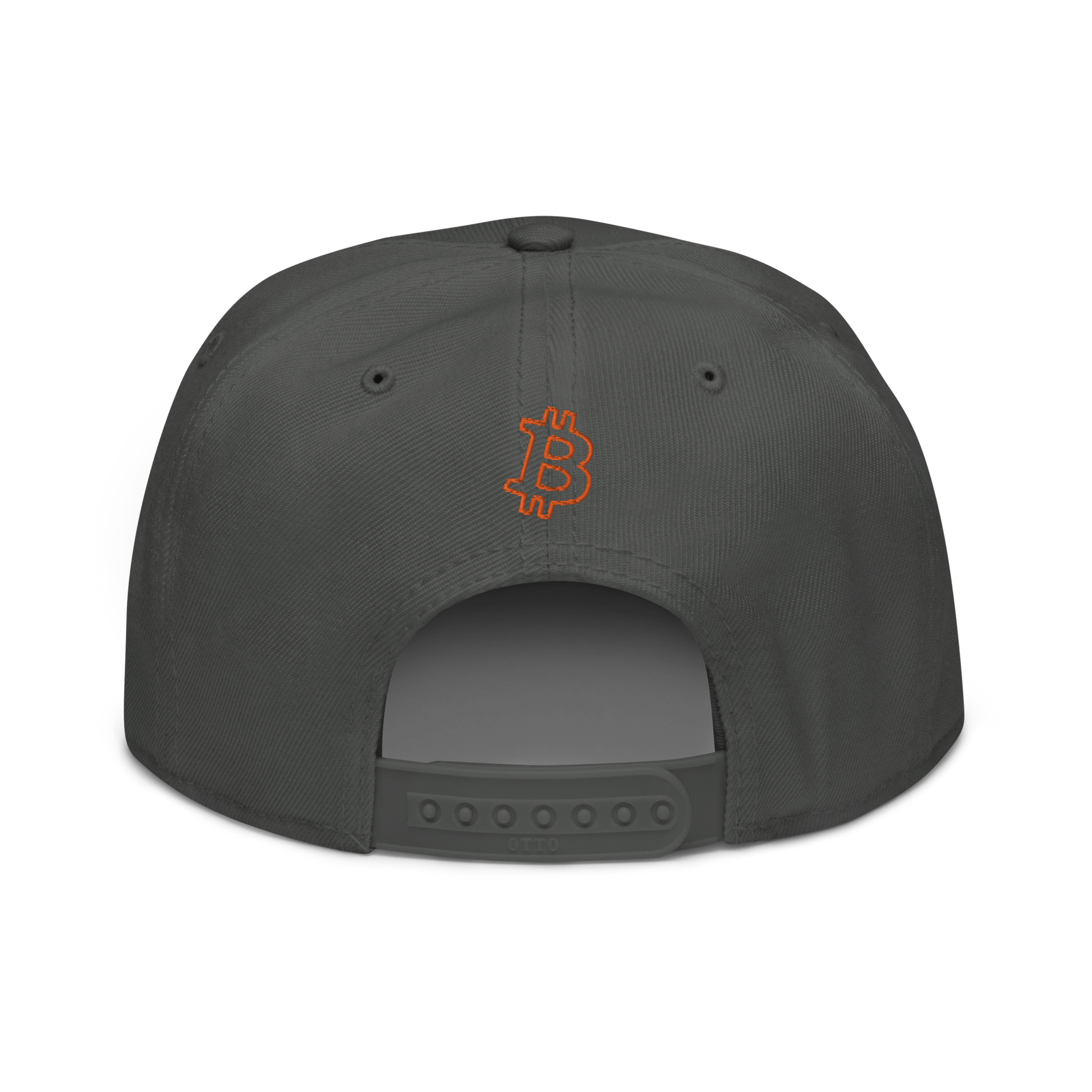 Back view of a charcoal grey bitcoin snapback hat.