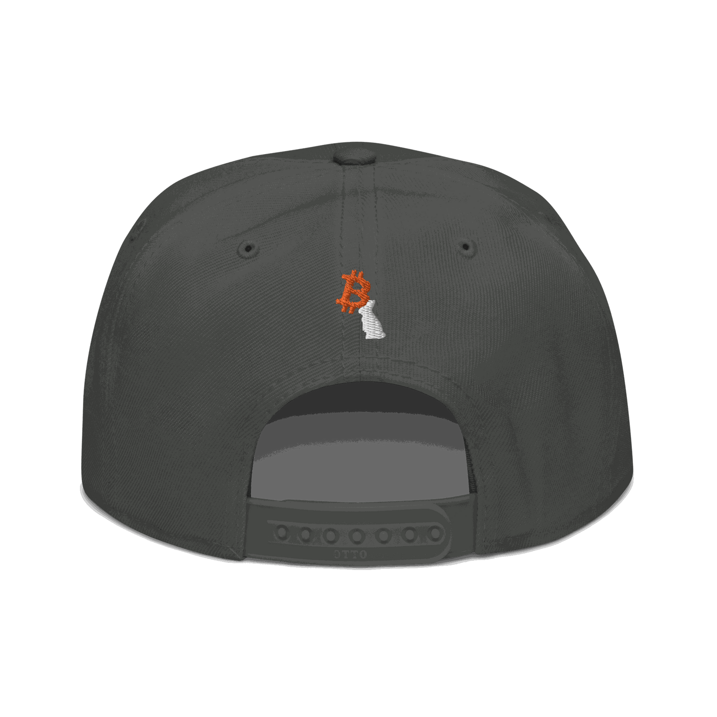 Back view of a charcoal grey bitcoin snapback hat.