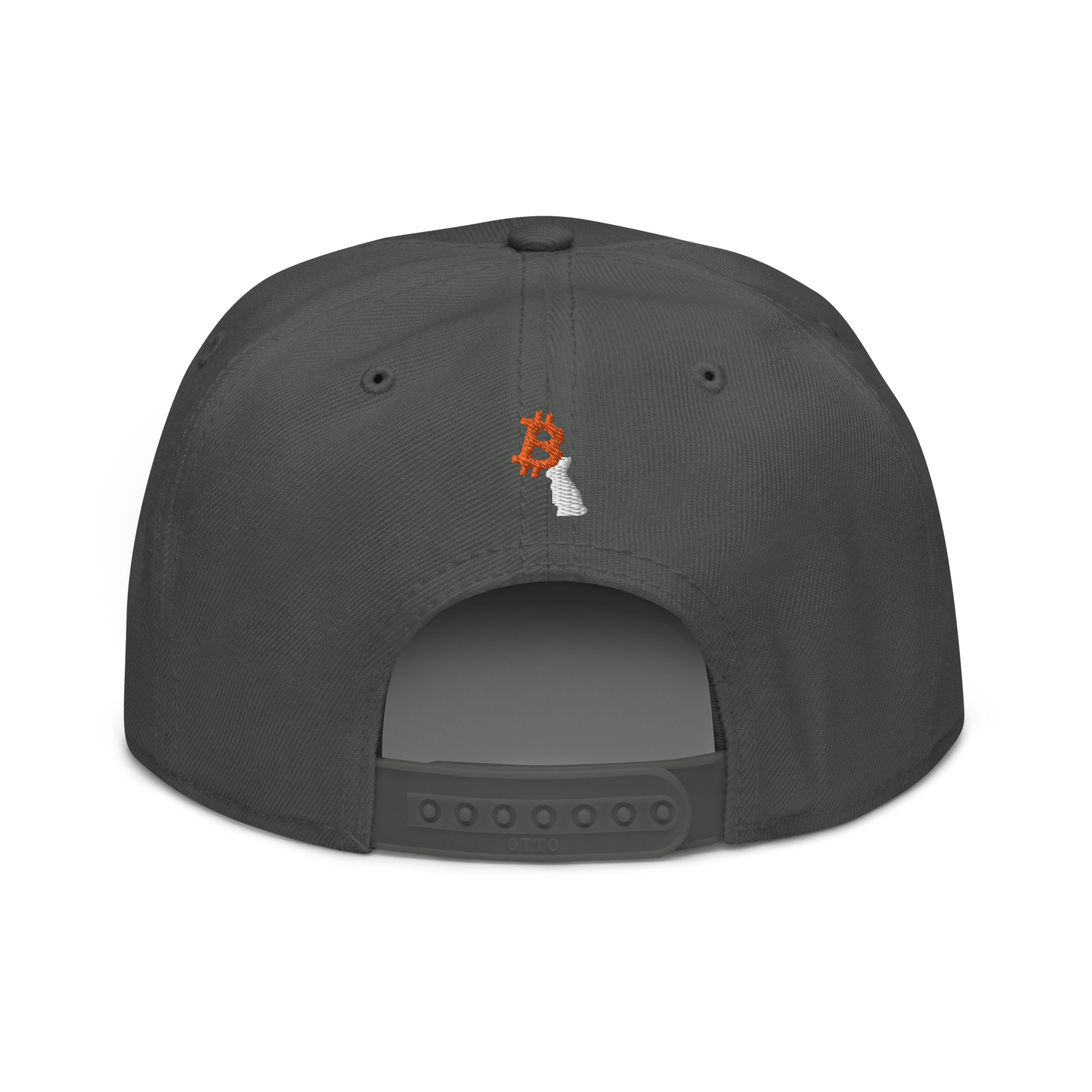 Back view of a charcoal grey bitcoin snapback hat.