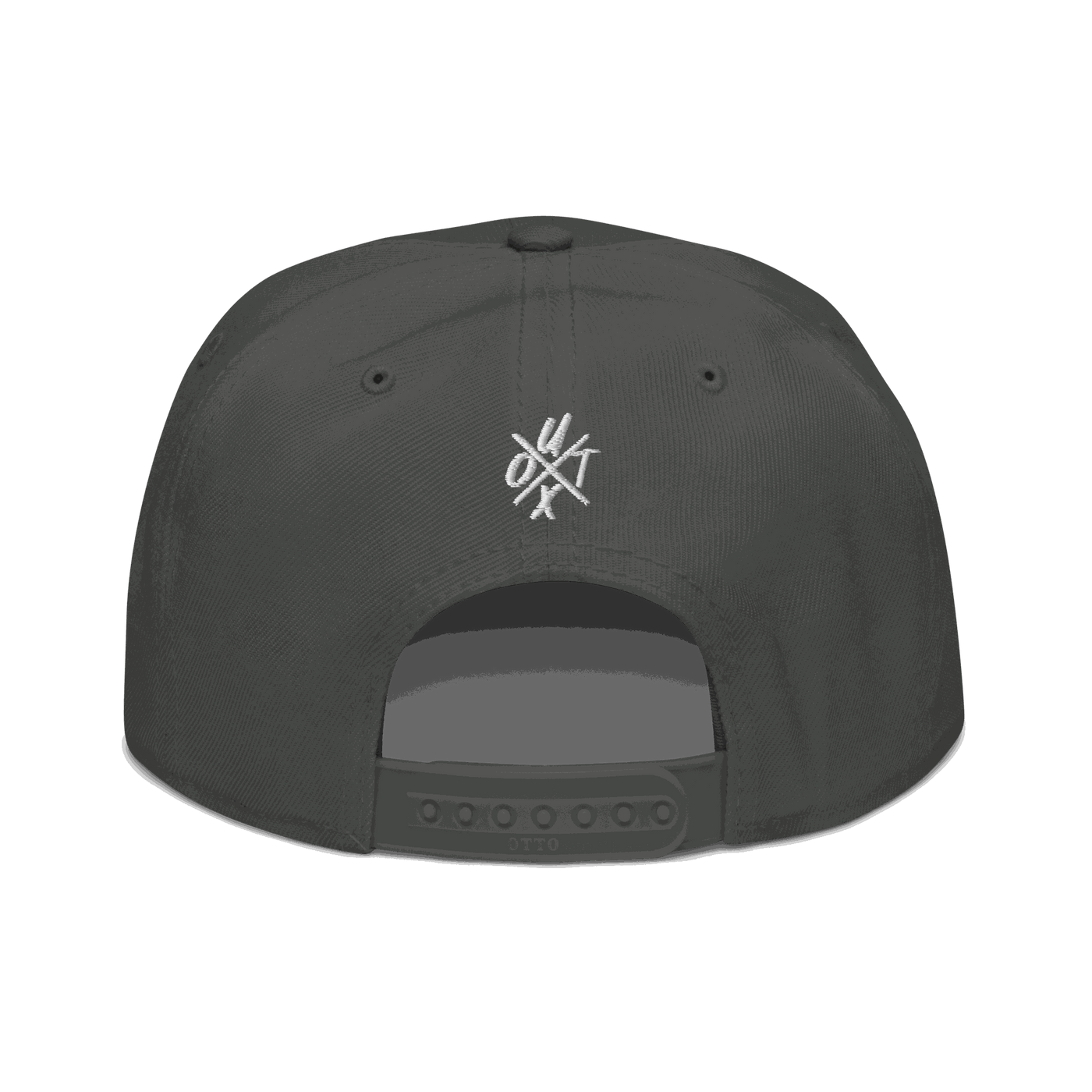 Back view of a charcoal grey bitcoin snapback hat.