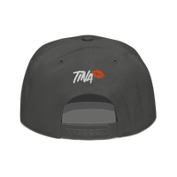 Back view of a charcoal grey bitcoin snapback hat.