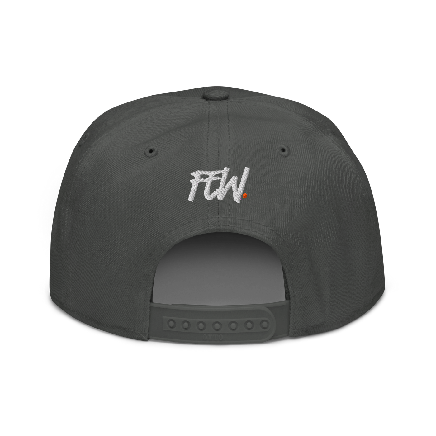 Few. bitcoin snapback hat in Charcoal gray, back view.