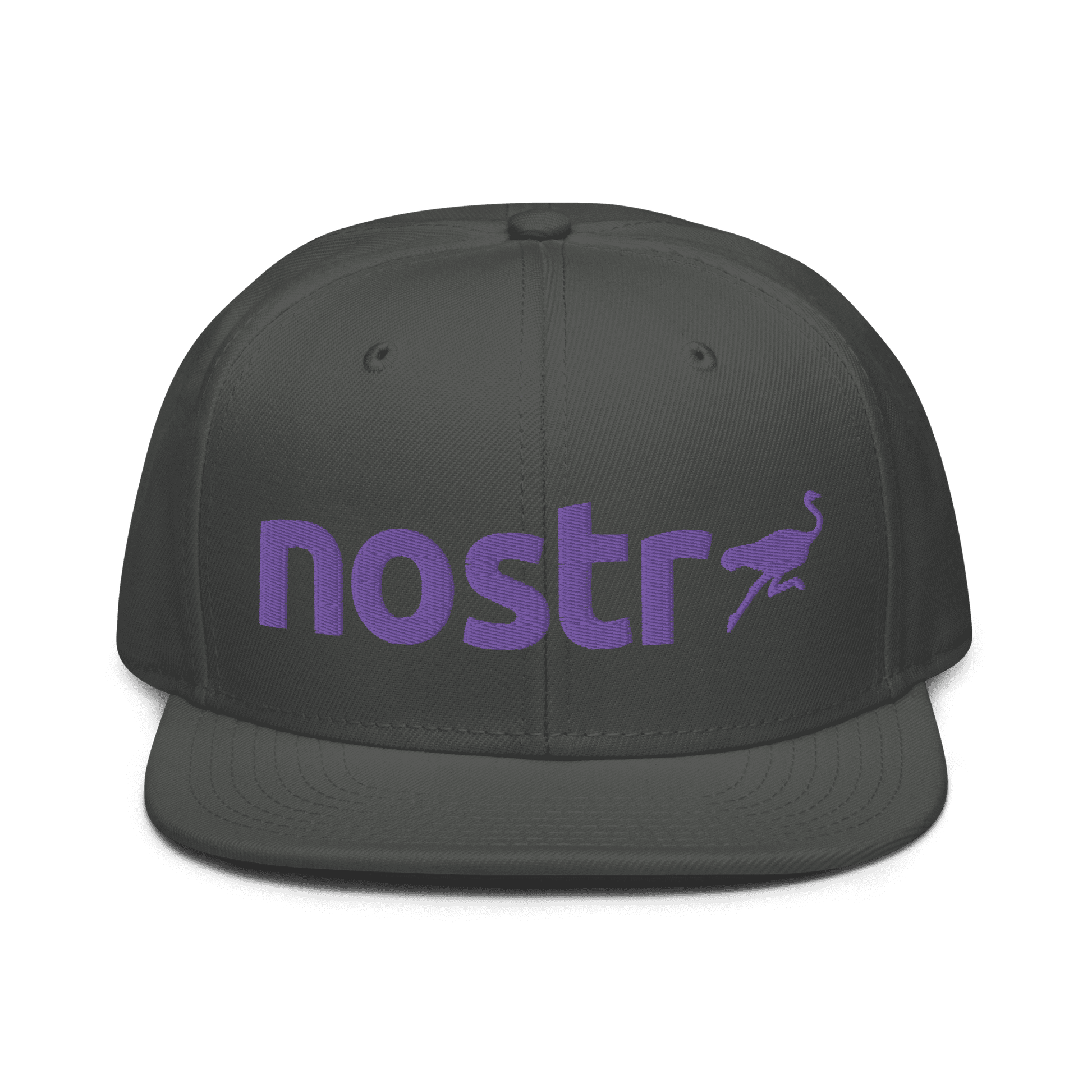 Front view of a charcoal grey nostr snapback hat.