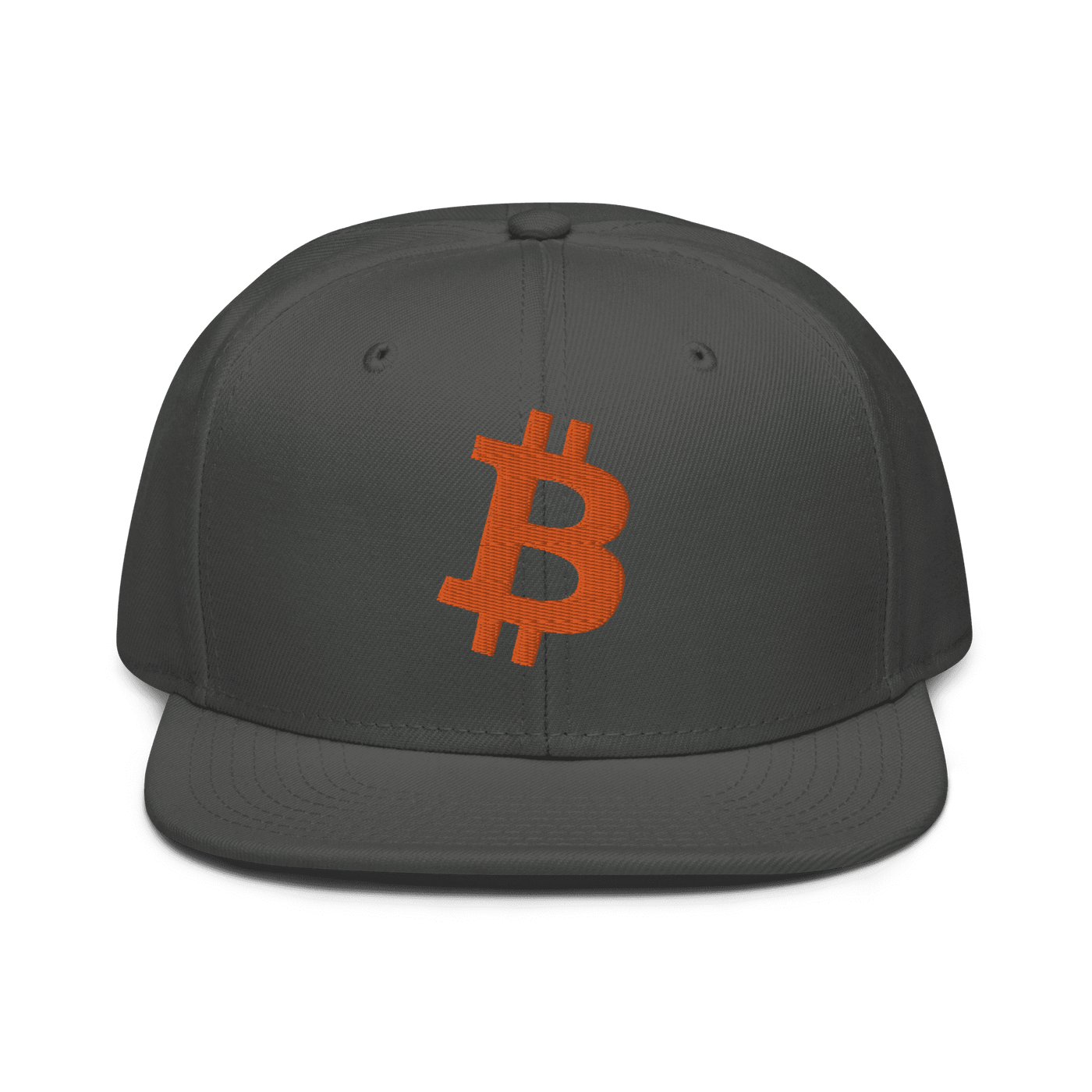 Black Bitcoin B snapback hat with flat visor and grey under visor, structured 6-panel cap