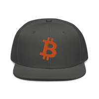 Black Bitcoin B snapback hat with flat visor and grey under visor, structured 6-panel cap