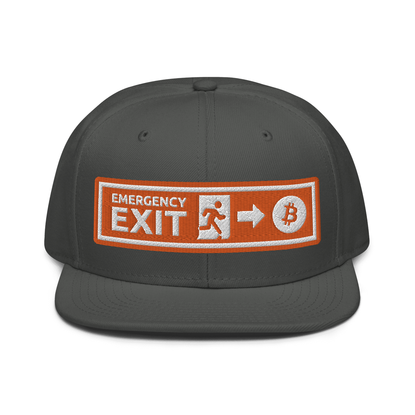 Black Bitcoin snapback hat with Emergency Exit logo and flat grey under visor