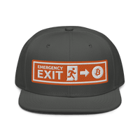 Black Bitcoin snapback hat with Emergency Exit logo and flat grey under visor