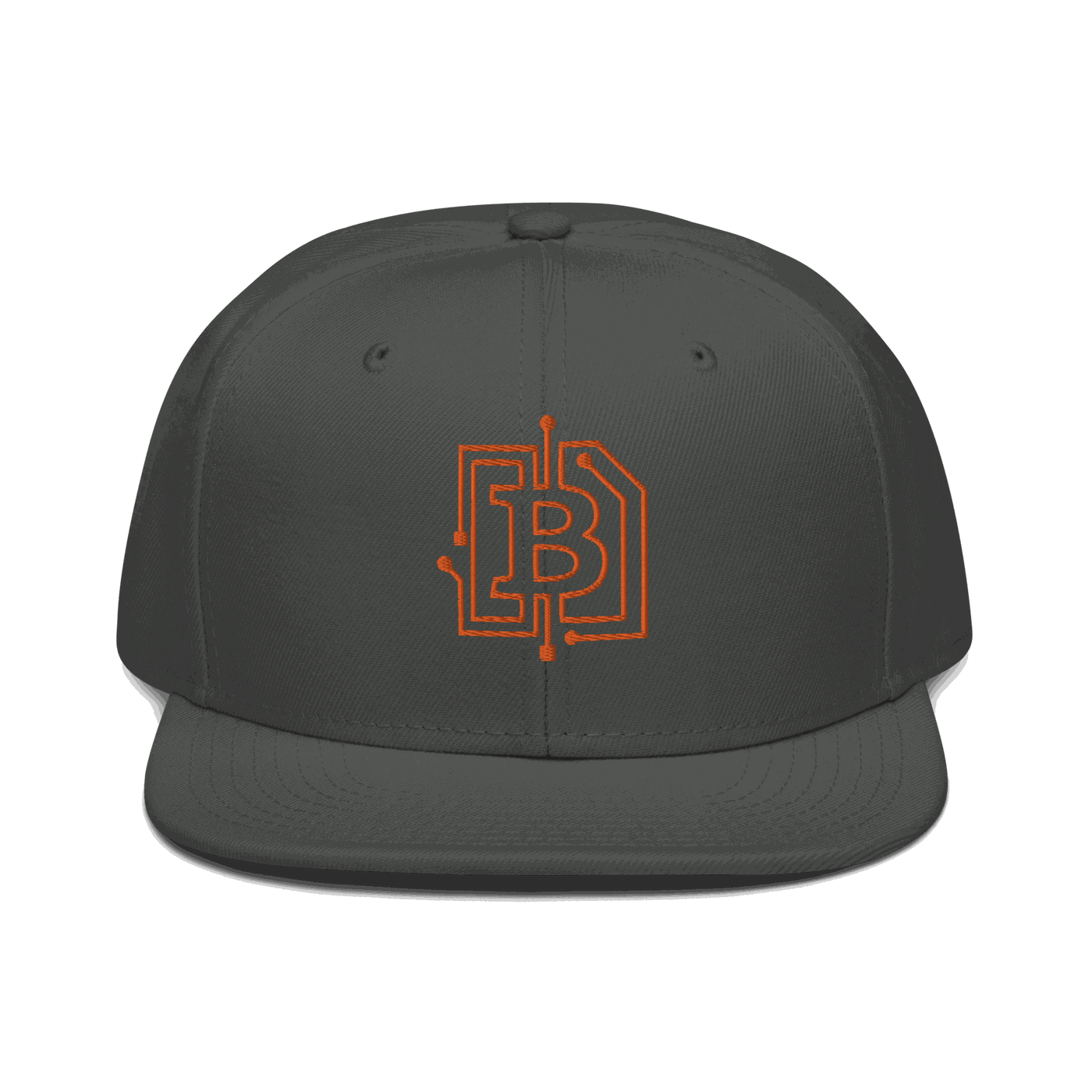 Front view of a charcoal grey bitcoin snapback hat.