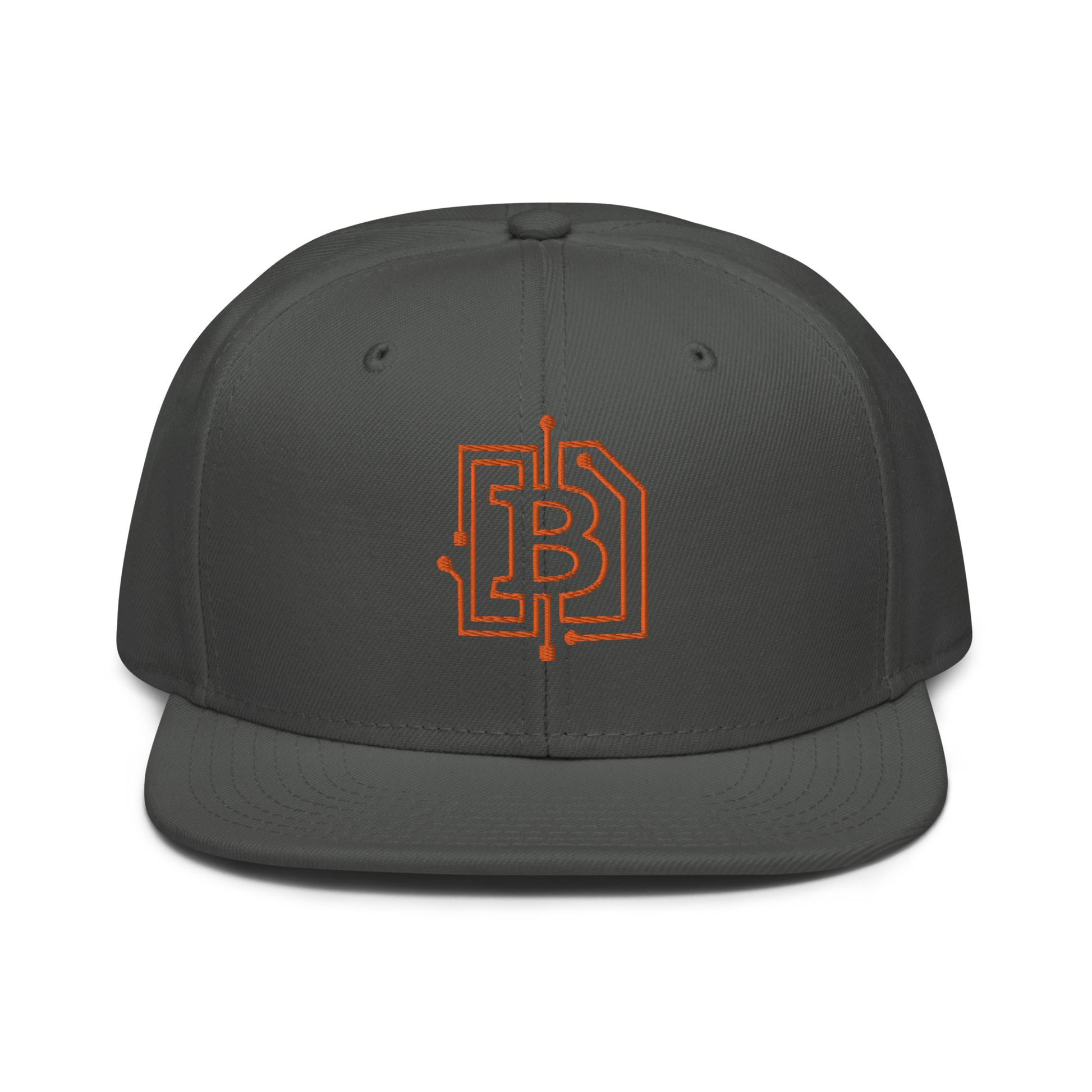 Front view of a charcoal grey bitcoin snapback hat.