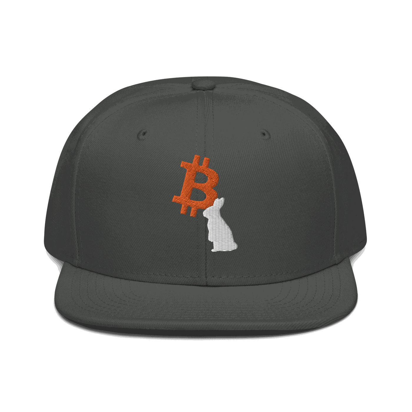 Front view of a charcoal grey bitcoin snapback hat.
