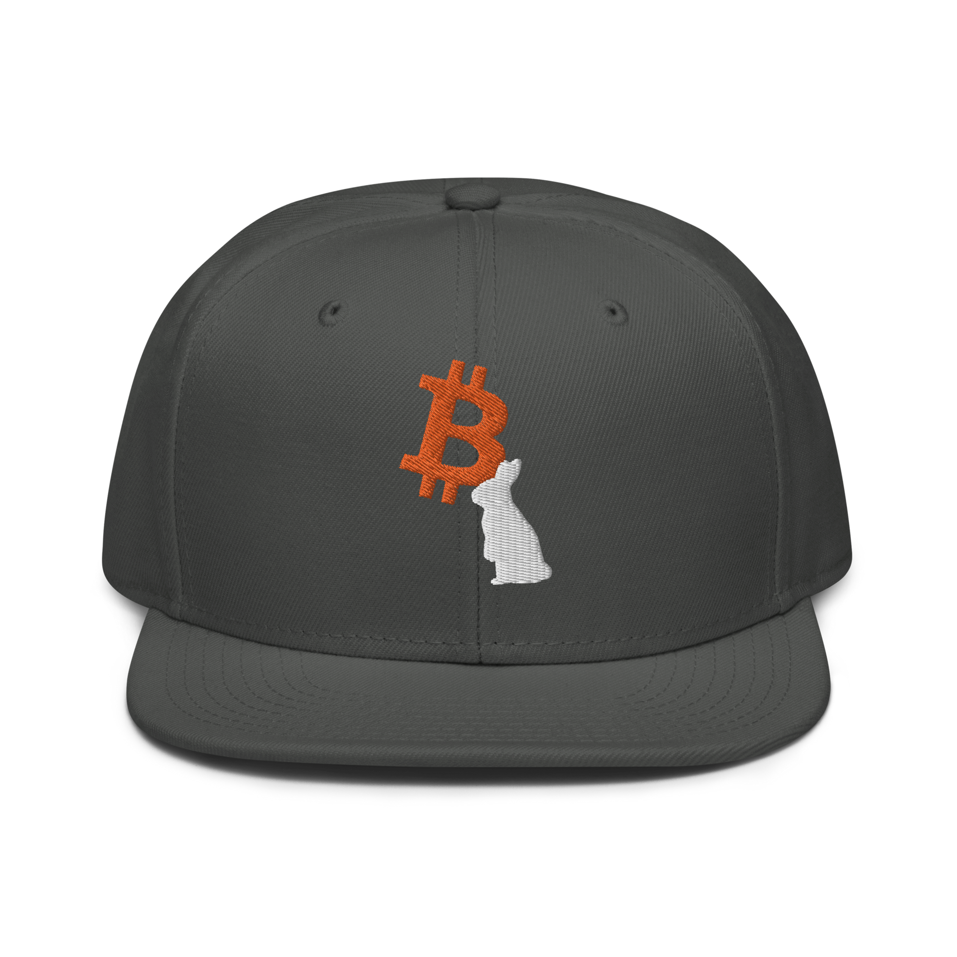 Front view of a charcoal grey bitcoin snapback hat.