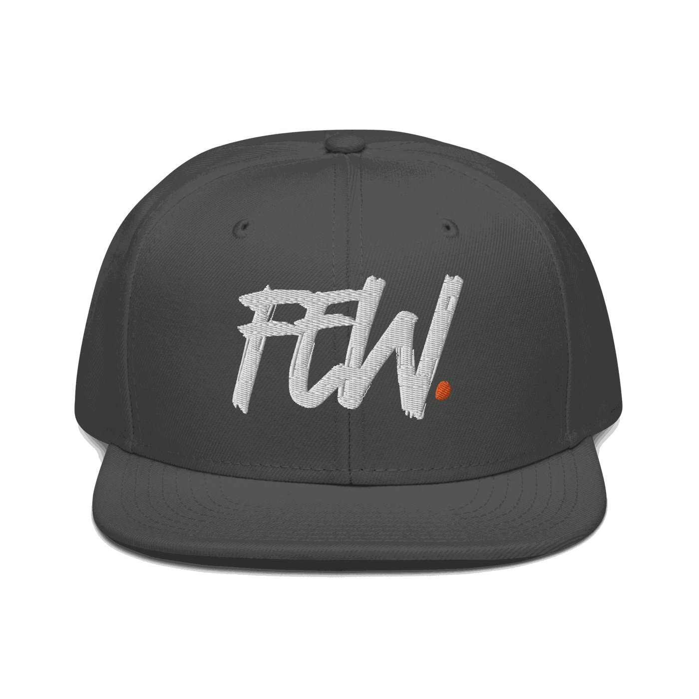 Front view of a charcoal grey bitcoin snapback hat.