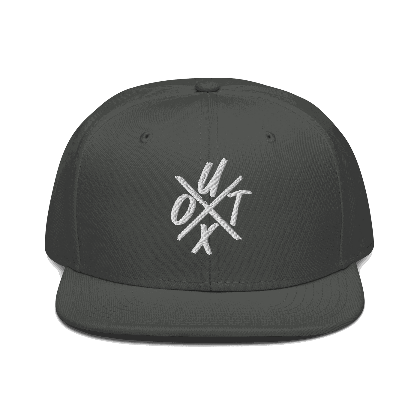 Front view of a charcoal grey bitcoin snapback hat.