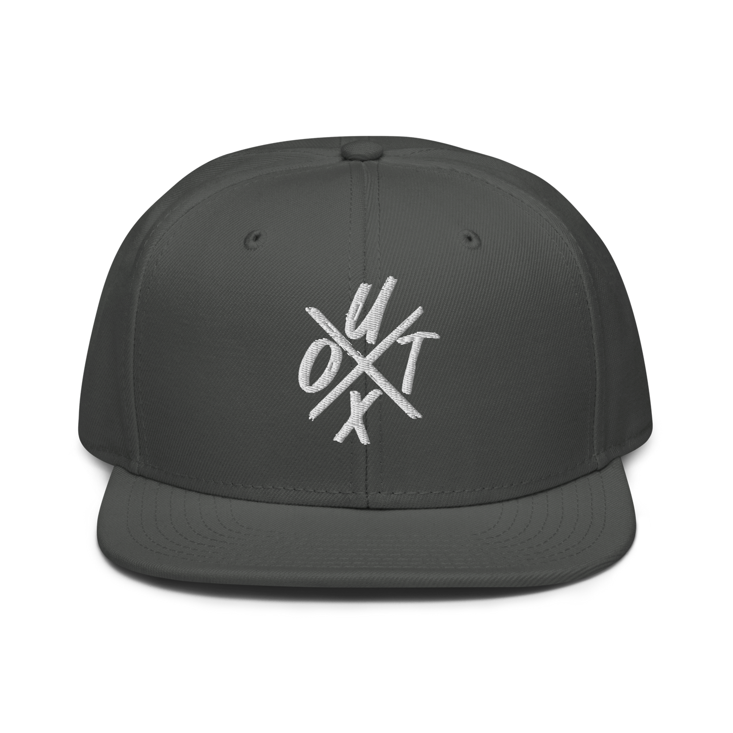 Front view of a charcoal grey bitcoin snapback hat.