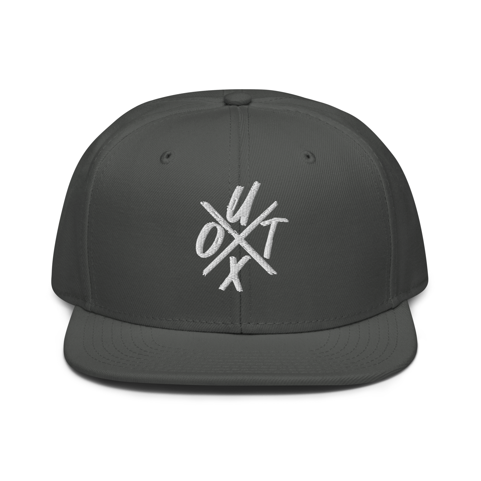 Front view of a charcoal grey bitcoin snapback hat.