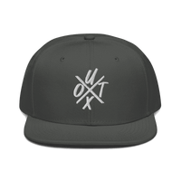 Front view of a charcoal grey bitcoin snapback hat.