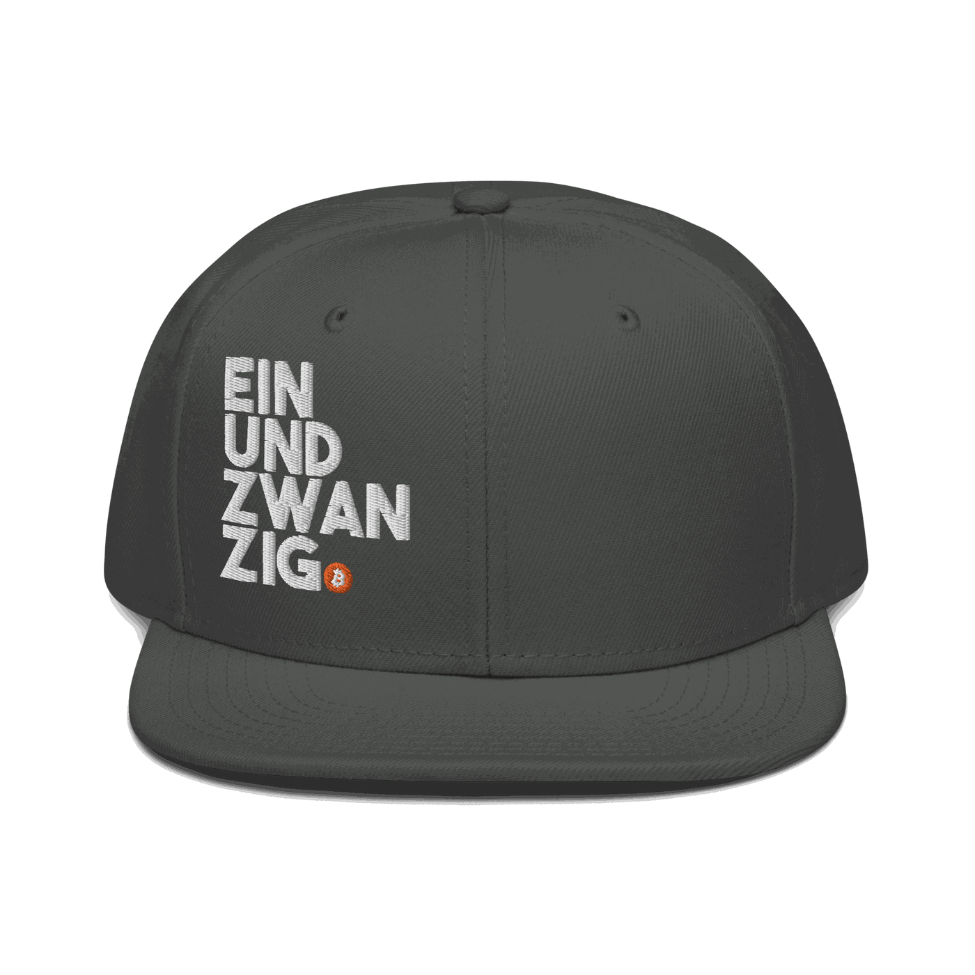 Black Bitcoin Snapback Hat with structured high-profile design and grey under visor