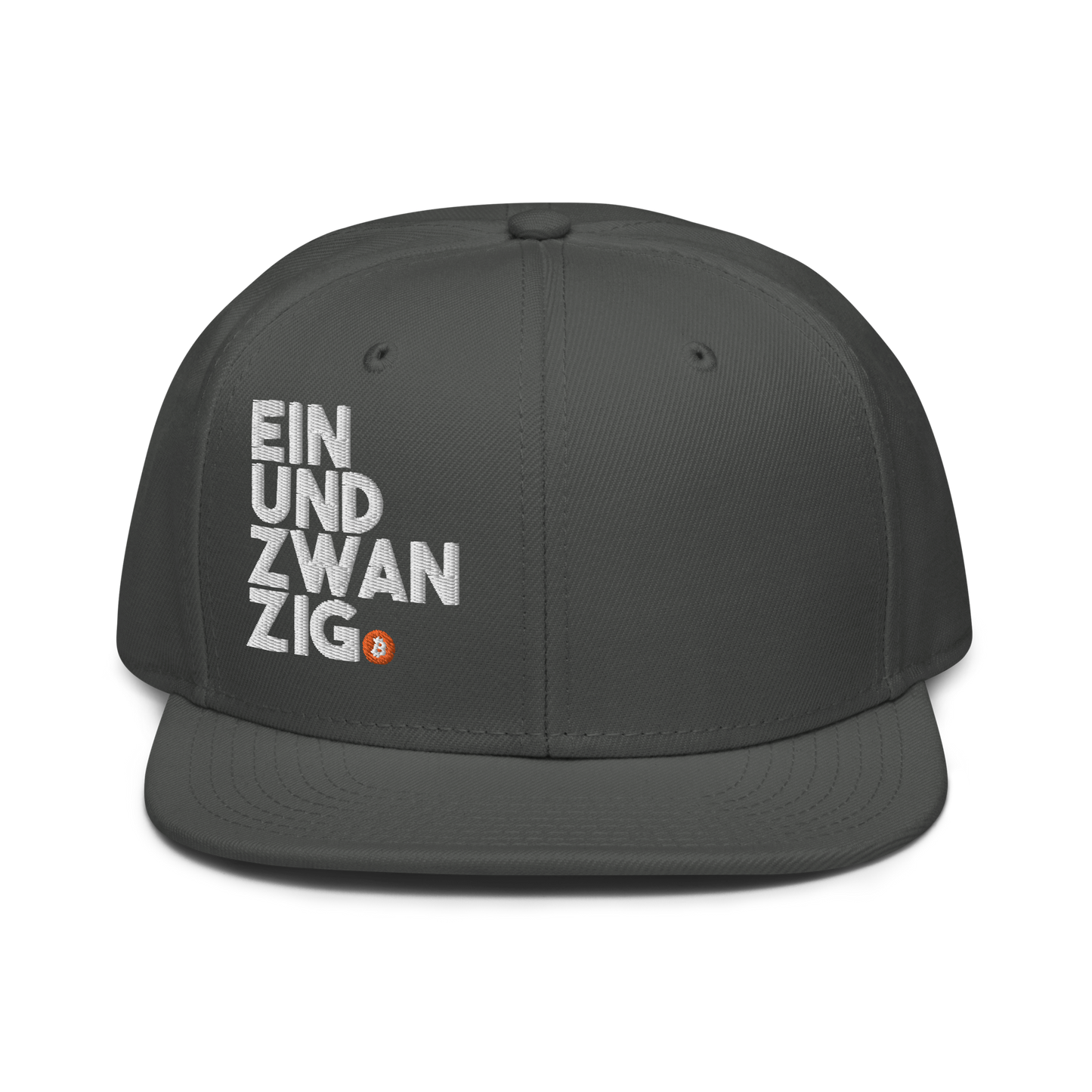 Front view of a charcoal grey bitcoin snapback hat.