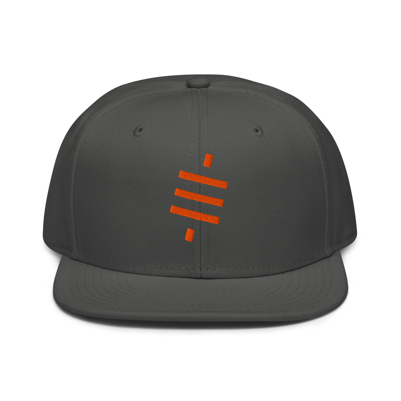 Sats Symbol bitcoin snapback hat in Charcoal gray, front view.