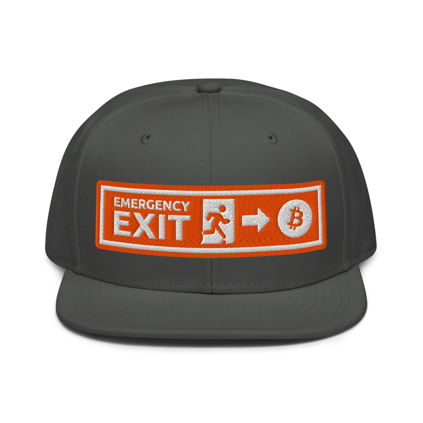 Emergency Exit bitcoin snapback hat in Charcoal gray, front view.