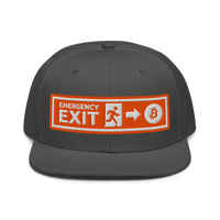 Emergency Exit bitcoin snapback hat in Charcoal gray, front view.