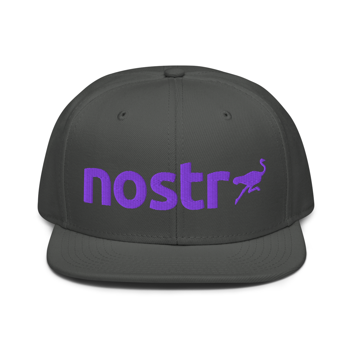 Nostr nostr snapback hat in Charcoal gray, front view.